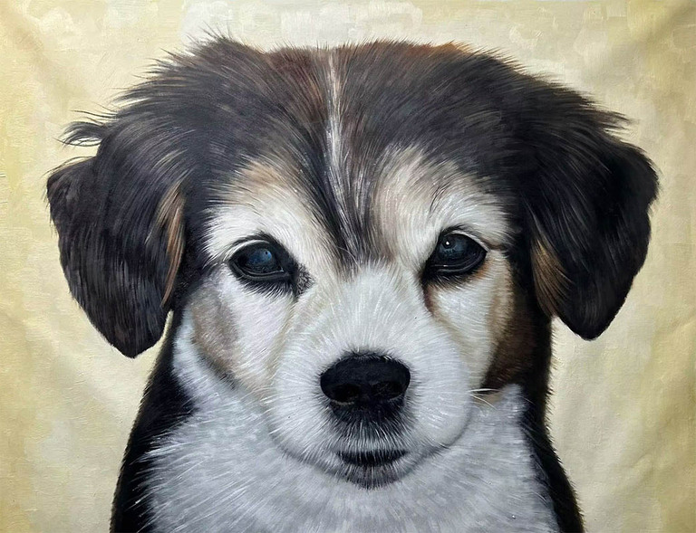Handgeschilderd portret van een zwart-witte puppy