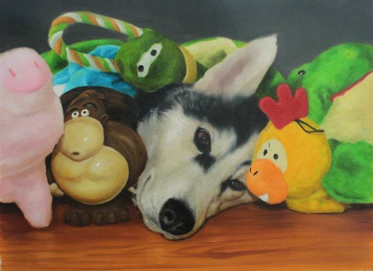 Handgeschilderd portret van een zwart-witte hond tussen kleurrijke knuffels