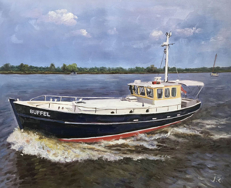 Schilderij van een zwart-witte boot op het water
