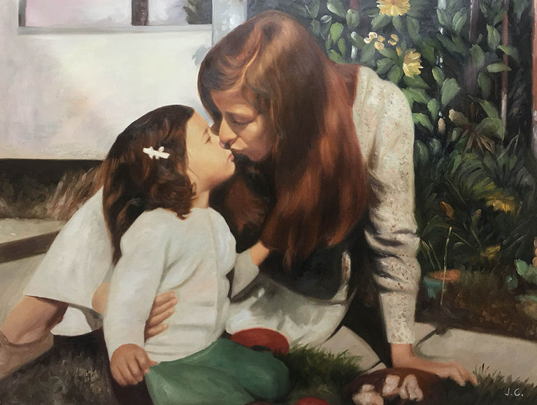 Handgeschilderd portret van een moeder en dochter