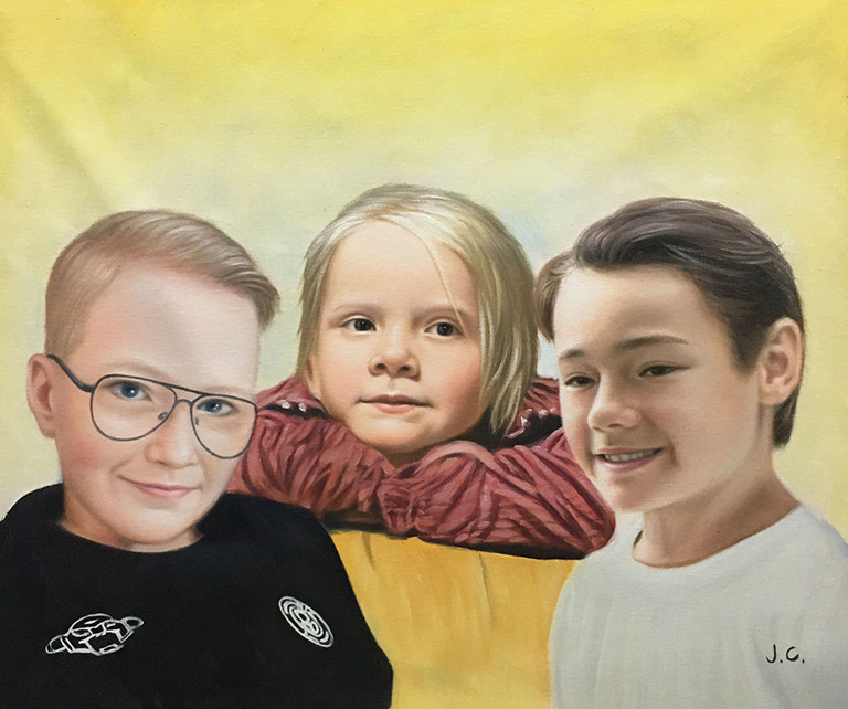 Handgeschilderd portret van drie kinderen